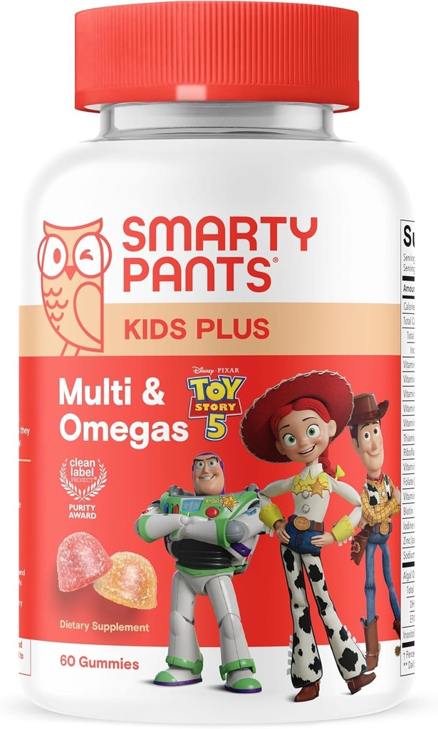 SmartyPants and Disney-Pixar’s Toy Story 5 Kids Multivitamin Gummies, Omega 3 DHA EPA, Vitamin D, C, B12, E, Zinc and Iodine, Clean Label, Gluten Free, Mixed Fruit Flavors, 30 Day Supply, 60 Gummies