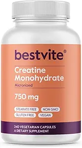 BESTVITE Creatine Monohydrate 750mg (240 κάψουλες χορτοφάγων) - Μικρονιωμένο - Όχι Stearates - Vegan - Μη ΓΤΟ - Όχι Ζελατίνη - Χωρίς γλουτένη - Κάψουλες κρεατίνης
