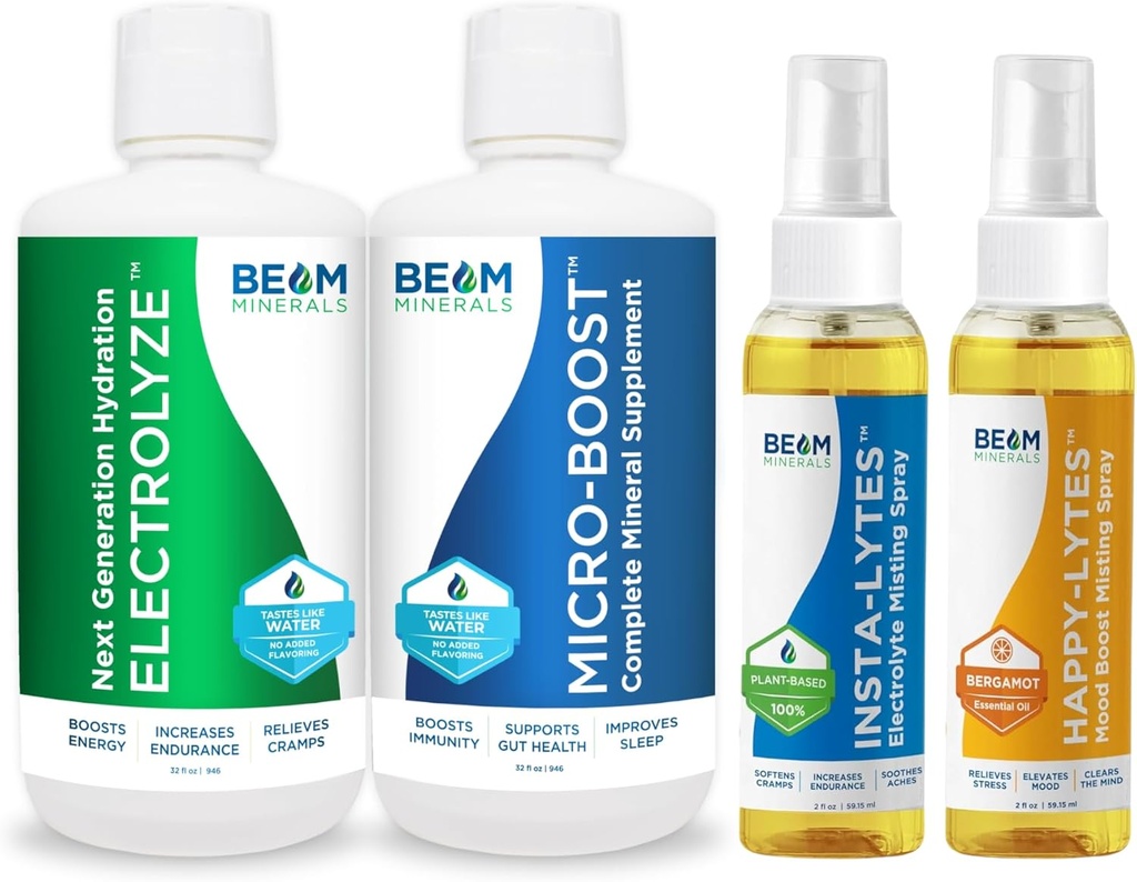 Beam Minerals Micro-Boost Humic Mineral Mix & Electrolyze Liquid ve Insta-Lytes Natural Liquid Electrolytes 2oz ve Happy-Lytes Fluvic Electrolyte Misting Spray 2oz & Electrolyte