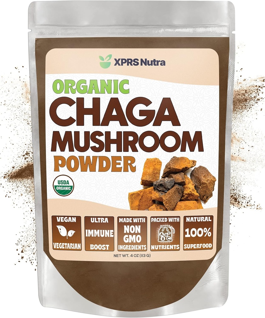 XPRS Nutra Organik Chaga Mushroom Toz - Premium USDA Organik Chaga Mushrooms Toz - Immunity için Chaga Toz - Chaga Çay ve İçecek için Vegan Superfood (4 Ounce)