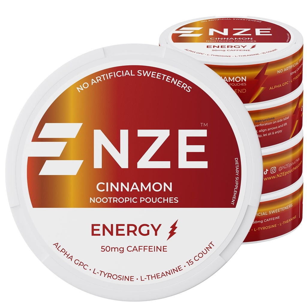 NZE Caffeine Nootropic Pouches (Cinnamon) - Energy Pouches with 50mg Caffeine, Alpha GPC, L-Tyrosine & L-Theanine with No Sugar or Artificial Sweeteners - 15 Pouches Per Can - 5 Pack