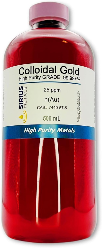 True Colloidal Gold – 25 ppm - 99.99+% Purity - 500 mL (16.9 Fl Oz) in Clear BPA-Free Plastic Bottle - Made in USA