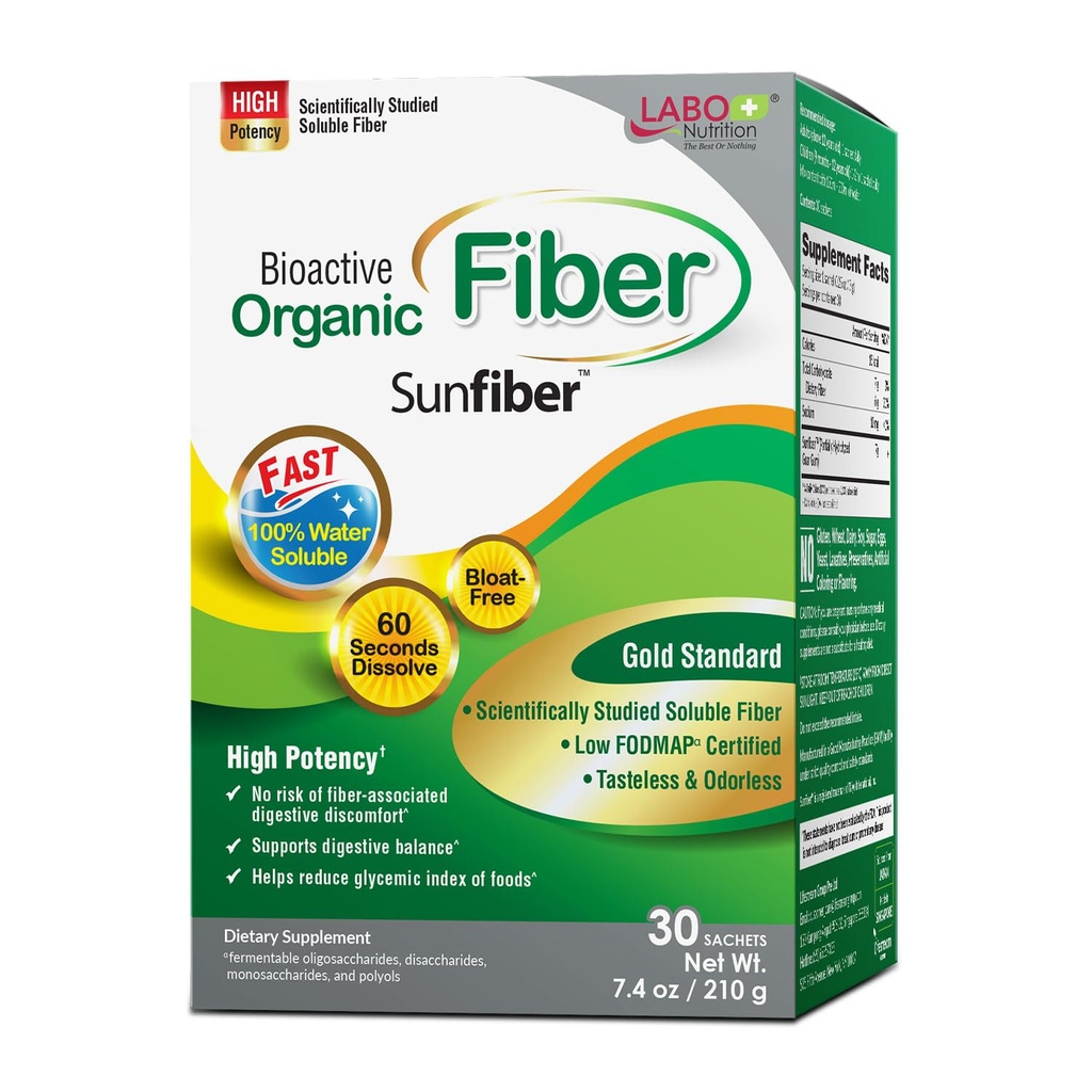 LABO Beslenme Biyoaktif Organik Fiber – Sunfiber PHGGGG, Digestive Regularity & Gut Health - Kısmen Hydrolyzed Guar Gum, Low FISOAP, Unflavored, Vegan, Non-GMO, 30 Sachets
