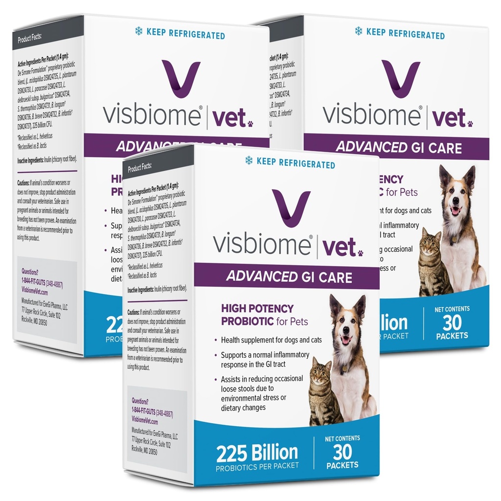 Visbiome® Vet Advanced GI Care High Potency Probiotic for Dogs & Cats – 225B CFU, 8-Strain Formula – Refrigerated, Veterinarian Recommended, Clean Label Certified – 90 Packets
