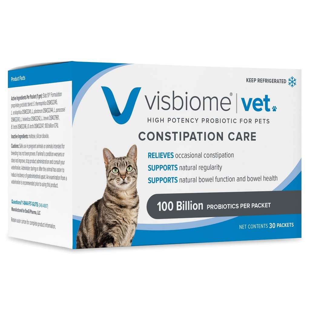 Visbiome® Vet Constipation Care High Potency Probiotic for Cats – 100B CFU, 8-Strain Slab51® Formula – Refrigerated, Veterinarian Recommended Clean Label Certified – 30 Packets