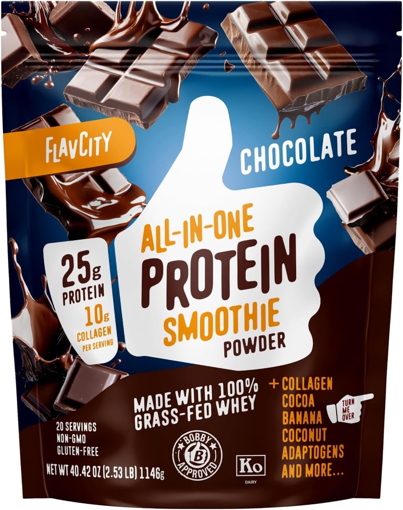 FlavCity Grass Fed Whey Chocolate Protein Powder - 25g πρωτεΐνη & 10g κολλαγόνο - Κατασκευάζεται με βιολογικό κακάο, μπανάνες & γάλα καρύδας - Χωρίς γλουτένη & Χωρίς πρόσθετα σάκχαρα (20 σερβιέτες)