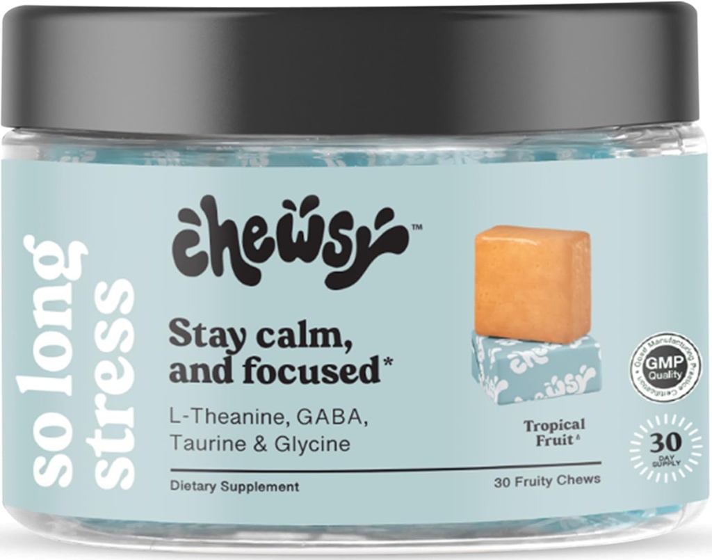 Chewsy So Long Stress, Calm Fruity Chews, Stay Calm & Focused. w/L-theanine, Reese, GABA, Glycine, Tyrosine, Taurine & Magnezyum. Non-GMO ve Gluten-Free. Tropikal Meyvey Chews, 30 Günlük Supply