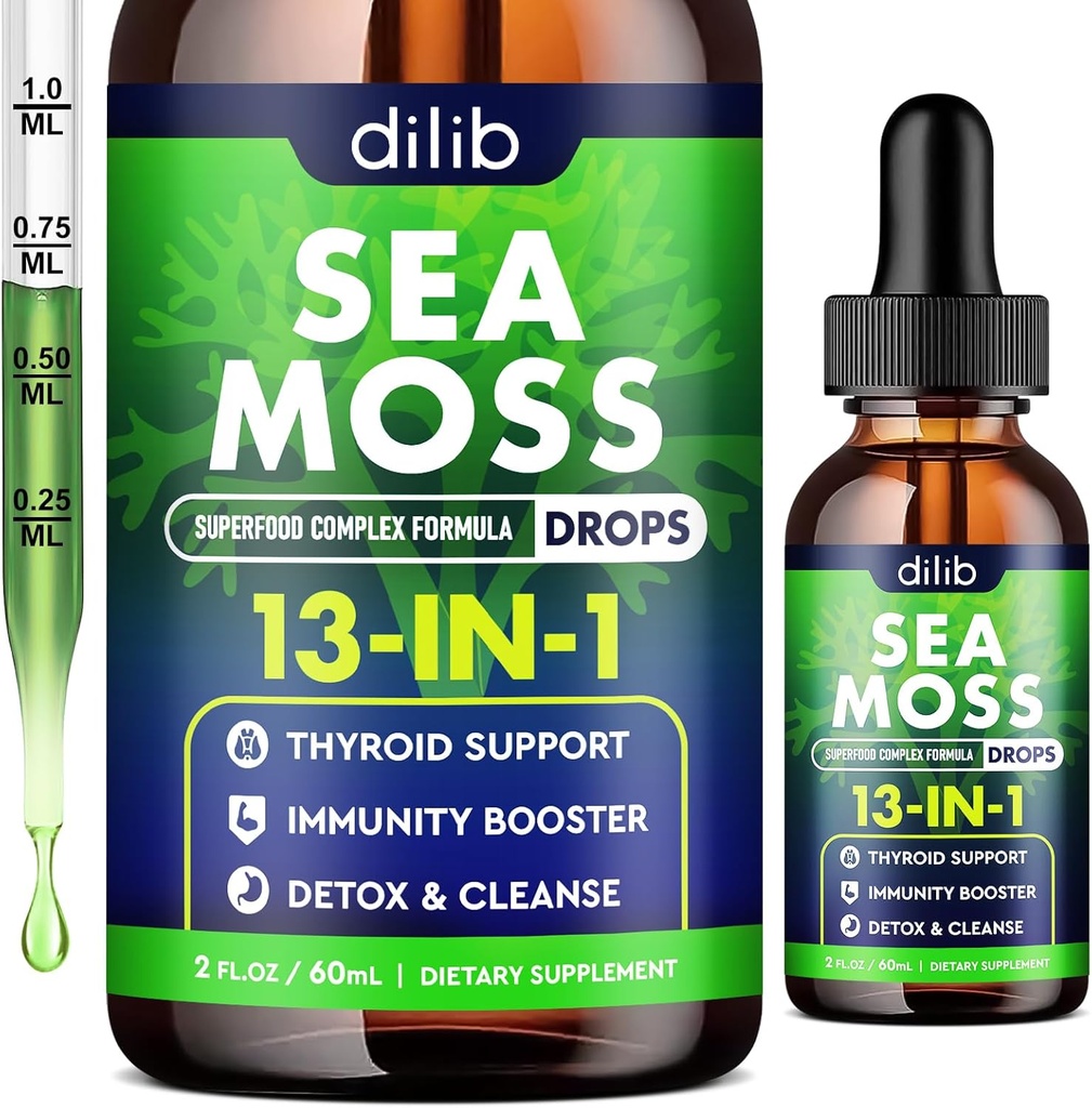 İrlandalı Deniz Moss Liquid Drops: 13 in 1 with Black Seed Oil, Ashwagandha, Tumeric, Multimineral, C, E, Gut Heath Energy Skin Immune Support & Hair for Women and Men, 2 Fl Oz, Vegan