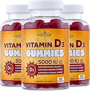 YENİ AGE Vitamin D3 5000 IU 125mcg Gummies - Destek Immune Support, Güçlü Bone Health - Non-GMO, Gluten-Free, Dairy-Free, No Gelatin (180 Gummies (Pack of 3))