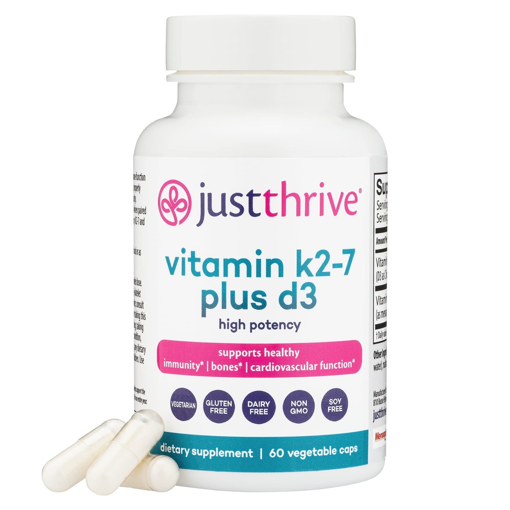 Just Thrive Vitamin K2-7 Plus D3 - Immune, Heart, and Bone Health Supplement, 60 Vegetable Capsules
