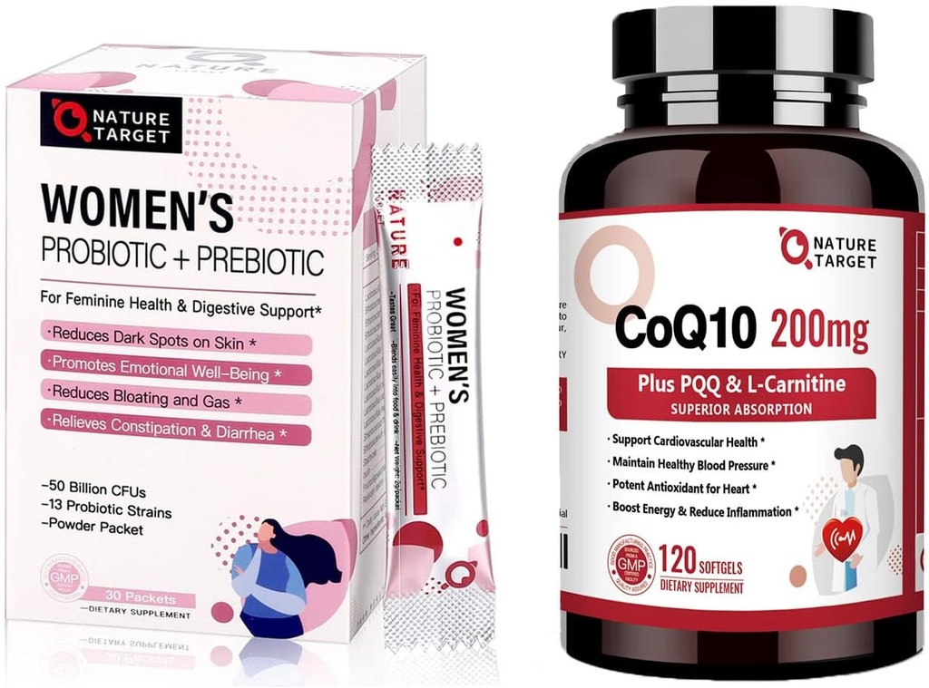 N Vitamin TARGET Probiyotiks Toz Supplement for Women & CoQ10-200mg with PQ L-Carnitine & Omega-3s High Abxias