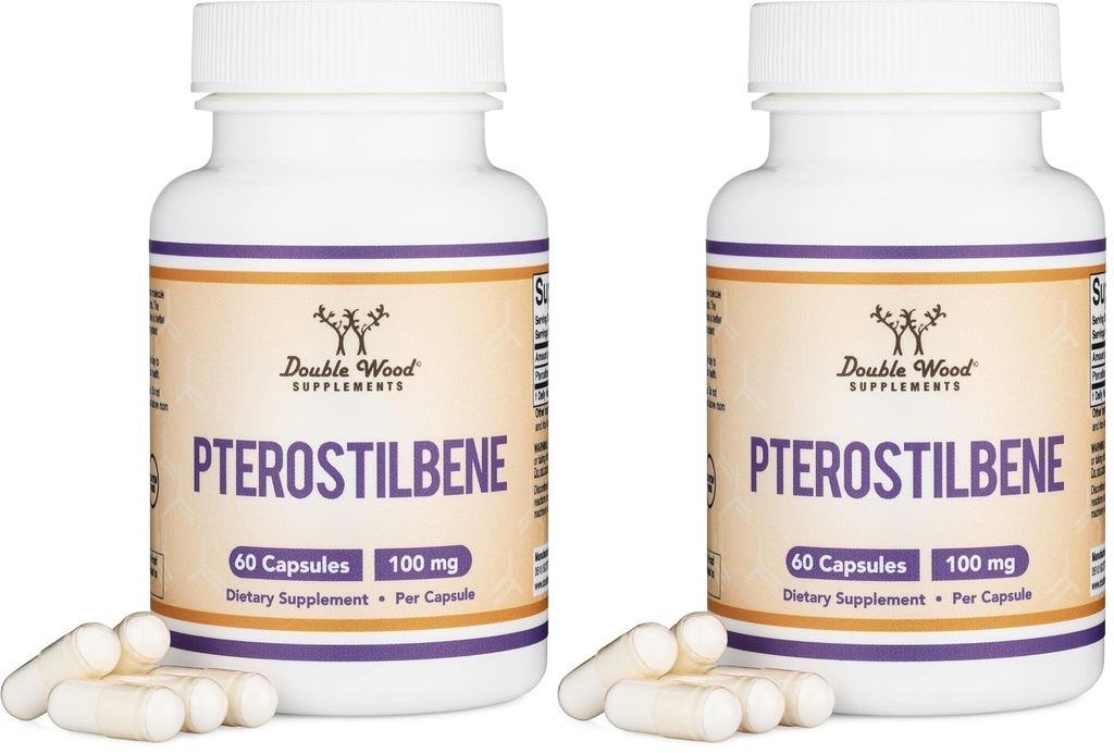 Pterostilbene Supplement 100mg Capsules (Third Party Tested) 60 Capsules, Superior to Resveratrol, Antioxidant for Longevity Support (Non-GMO, Gluten Free) by Double Wood (Pack of 2)