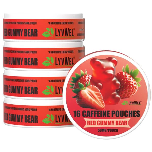 LyvWel 56mg Caffeine Energy Pouches – Red Gummy Bear – Clean Energy & Focus Boost with Guarana – 5-Pack with 16 Pouches Per Can (80 Total)
