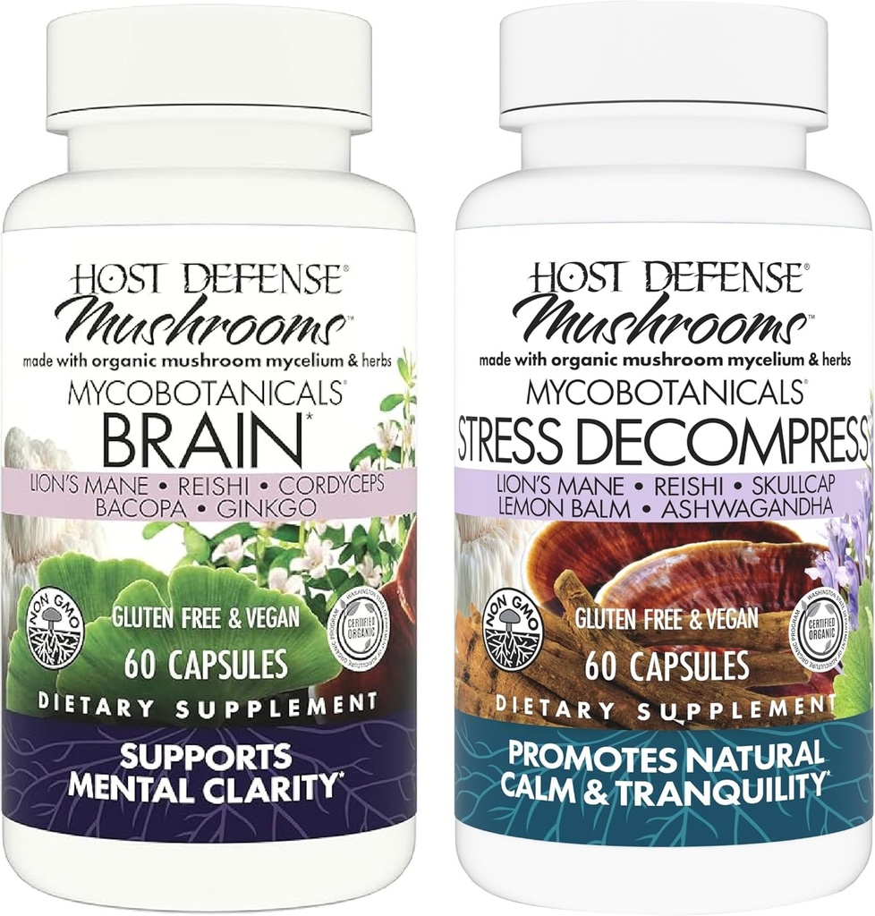 Host Defense Sche with MycoBotanicals Brain* Capsules, 60 Kont & MycoBotanicals Stress Decompress* Capsules, 60 Count - Support Memory & Focus - Support Relaxation*
