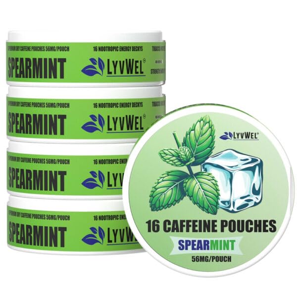 LyvWel 56mg Caffeine Energy Pouches – Spearmint – Clean Energy & Focus Boost with Guarana – 5-Pack with 16 Pouches Per Can (80 Total Pouches)
