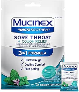 Mucinex InstaSoothe Sore Lroat + Cough Relief Alpine Herbs & Mint Flavor, Fast Action, Cooling Comfort, Ισχυρό πονόλαιμο στοματικό άλγος Reliever, 40 φάρμακα σταγόνες
