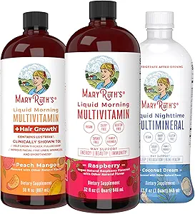 MaryRuth's Liquid Morning Multivitamins: +Hair Growth (Peach), Daily Wellness (Raspberry), ve Nighttime Multimineral (Coconut) | Güzellik, Enerji ve Bedtime için Vegan Vitaminleri | Non-GMO