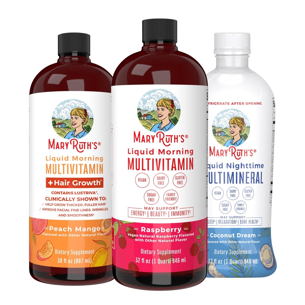 MaryRuth's Liquid Morning Multivitamins: +Hair Growth (Peach), Daily Wellness (Raspberry), ve Nighttime Multimineral (Coconut) | Güzellik, Enerji ve Bedtime için Vegan Vitaminleri | Non-GMO