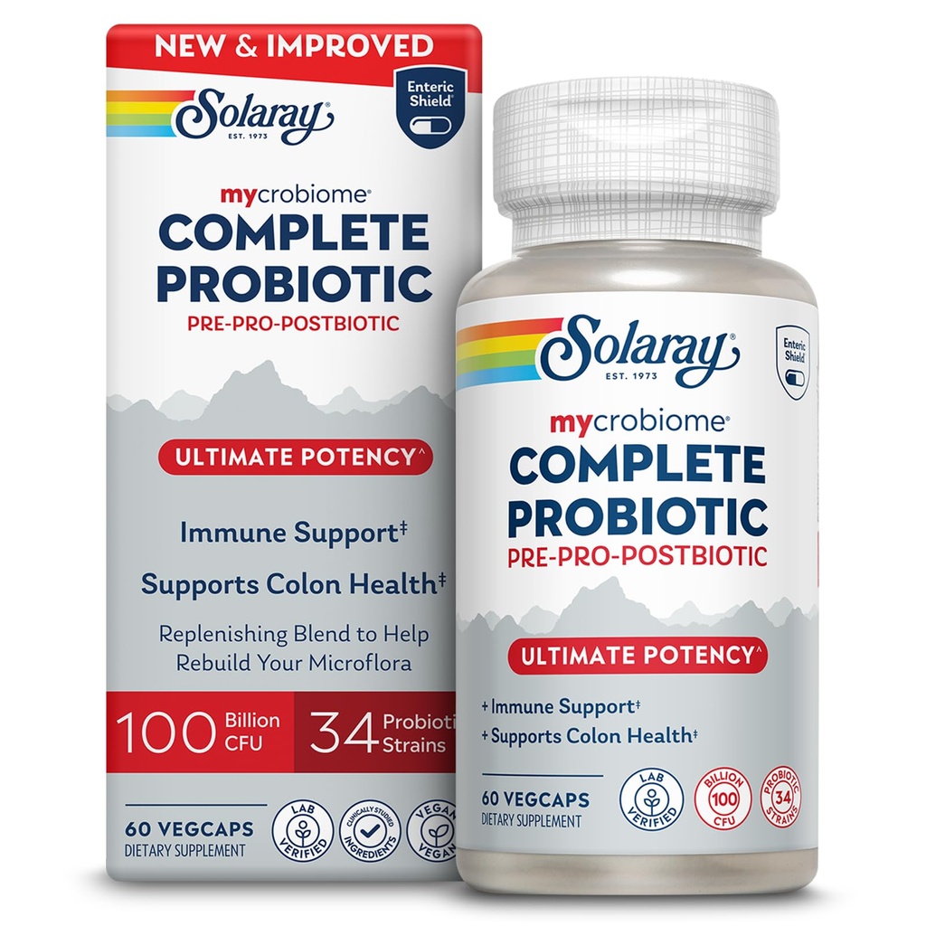 SOLARAY Mycrobiome Complete Probiotic Ultimate Potency - Pre and Probiotics for Women and Men Plus Postbiotic - 100 Billion CFU, 34 Strains - Vegan - 30 Servings, 60 VegCaps