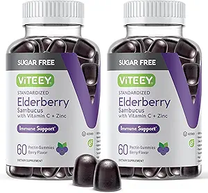 VITEEY Sambucus Elderberry Gummies for Adults & Teens + Ψευδάργυρος & Βιταμίνη C - Χωρίς ζάχαρη - Ανοσοποιητική Υποστήριξη & Αναμνηστικό συμπλήρωμα βοτάνων - Vegan, Gluten Free, GMO Free, Chewable Berry Γεύση