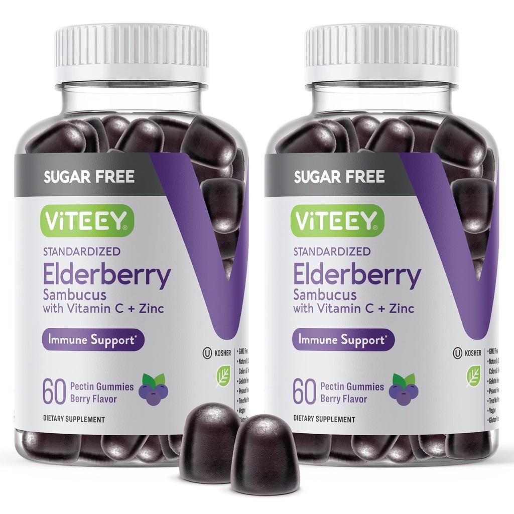 VITEEY Sambucus Elderberry Gummies for Adults & Teens + Ψευδάργυρος & Βιταμίνη C - Χωρίς ζάχαρη - Ανοσοποιητική Υποστήριξη & Αναμνηστικό συμπλήρωμα βοτάνων - Vegan, Gluten Free, GMO Free, Chewable Berry Γεύση
