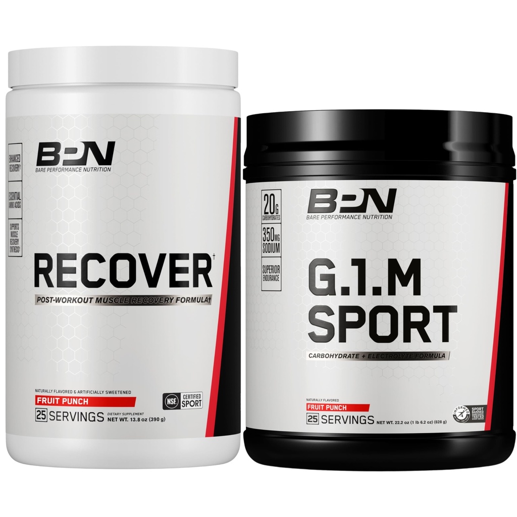 BARE PERFORMANCE NUTRITION BPN G.1.M Sport – Fruit Punch 25 Servings + Recover Post-Workout Muscle Recovery Drink Mix – Fruit Punch 25 Servings | Endurance Fuel + Recovery Bundle