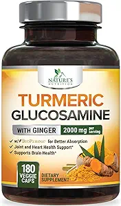 Turmeric Curcumin Supplement 2000 mg -% 95 Curcuminoids with Glucosamine, Ginger & MSM, BioPerine Black Pepper for Best Abors, Nature's Vegan Ortak Destek, Non-GMO, Şişed in USA - 180 Capsules
