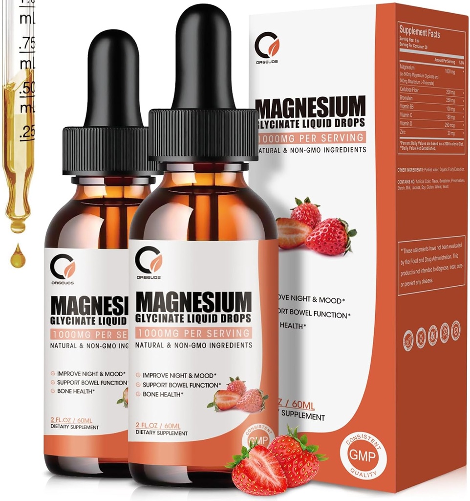 Magnesium Glycinate Liquid Drops,1000 mg Liquid Magnesium Supplement with Bromelain, Vitamin B6 C D, High Absorption Magnesium Complex for Night, Muscle & Energy Support, 2 Fl Oz (Pack of 2)
