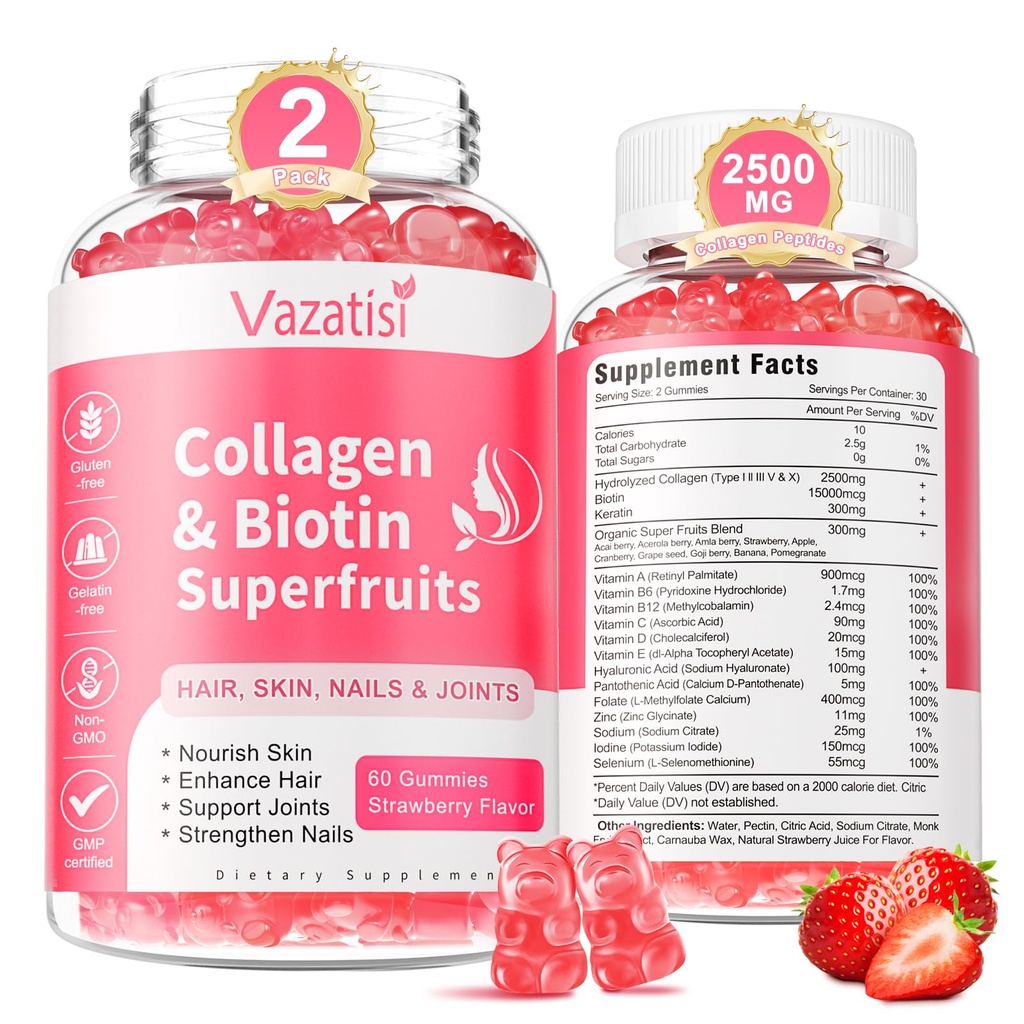 2 Πακέτο χωρίς ζάχαρη Κολλαγόνο Gummies για γυναίκες άνδρες, Multi Collagen Peptides Gummies Type I II III V X με βιοτίνη Βιταμίνη A B C D E για τα νύχια του δέρματος μαλλιών, Φράουλα Γεύση, 120 Count