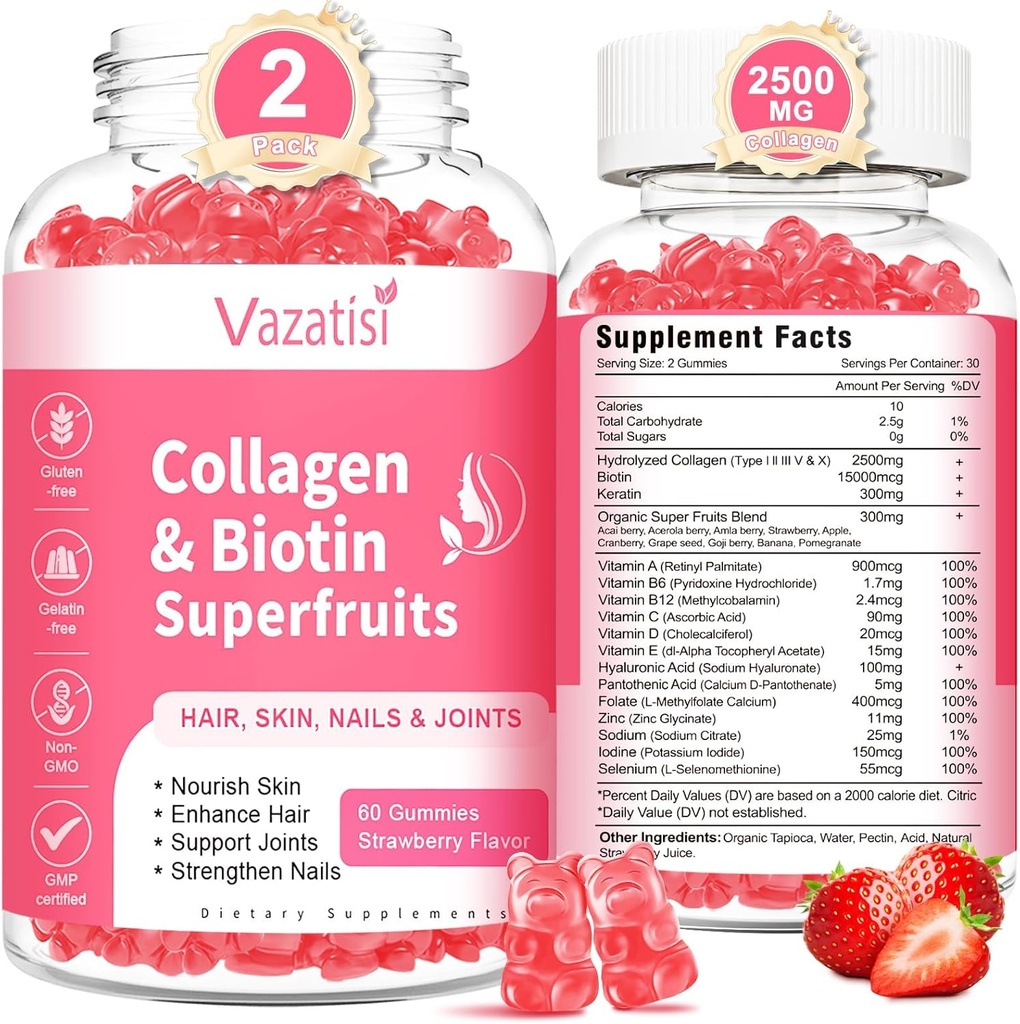2 Pack Sugar Free Collagen Gummies for Women Men, Multi Collagen, Gummies Tip I II III V X with Biotin Vitamin A B C D E for Hair Skin Nails, Strawberry Flavor, 120 Kont