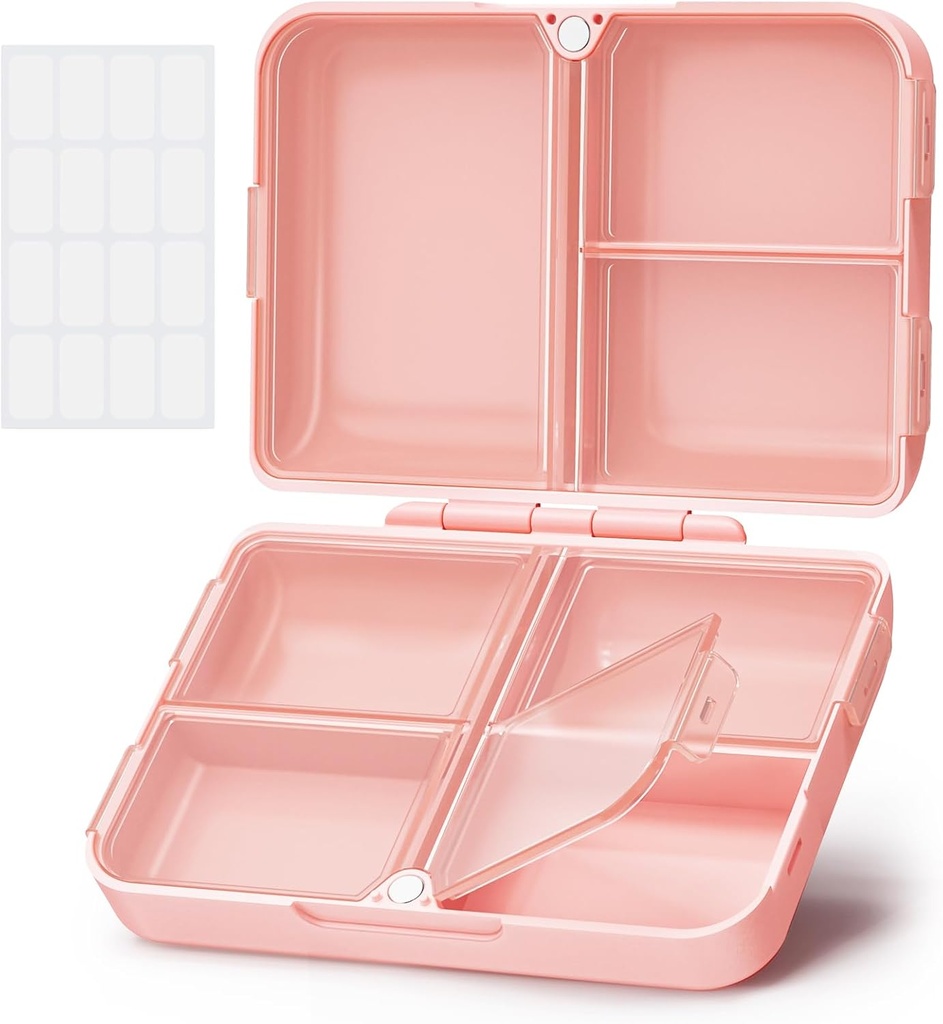AUVON Daily Pill Organizer Fit with Your Purse or Pocket, Compact Travel Pill Box Case with Slim Folding Design and Long-Lasting Hings to Hold Vitamin, Fish Oil, Supplement or Jewelry (Pink)