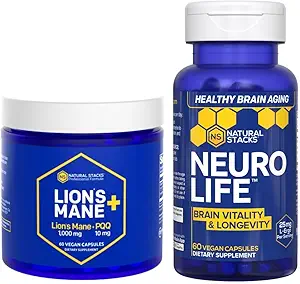 NATURAL STACKS Lions Mane+ Mushroom + NeuroLife συμπλήρωμα Bundle - Υποστηρίζει τη μνήμη, τη ζωτικότητα και τη μακροζωία - 120 Σύνολο κάψουλες