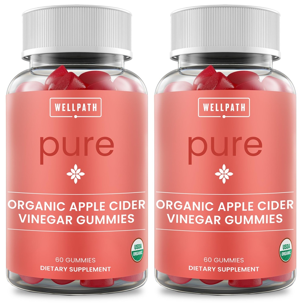 WellPath Pure ACV Gummies (2 Pack) - Apple Cider Vinegar with Mother - USDA Organic Gummy with Ginger for Gut Health | Vegan, Non-GMO, 120 Ct