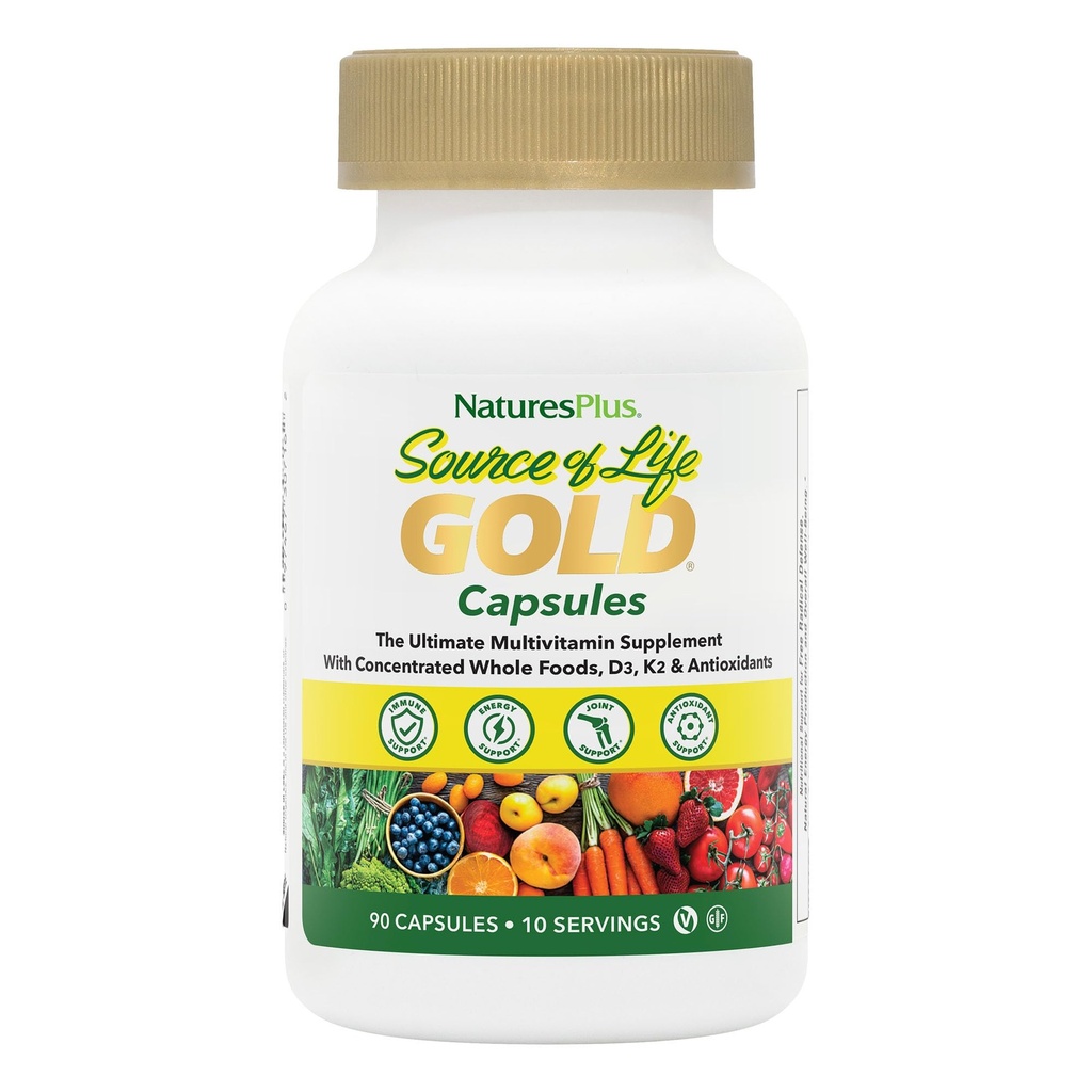 NaturesPlus Life Gold Multivitamin Kaynağı - 90 Vegetarian Capsules - Vitamins D3, B12, K2 & More Than 120 Tüm Gıdalar - Kan, Bone & Immune Support - Gluten Free - 10 Servisler