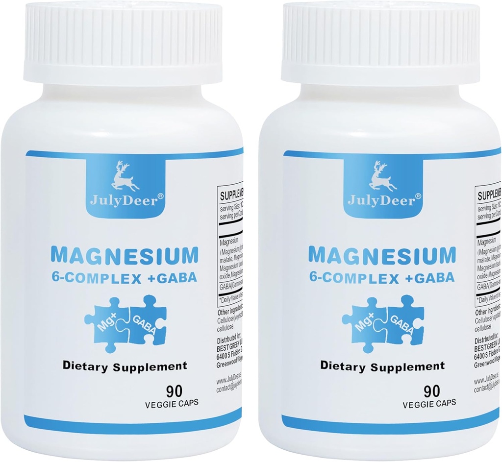 2 Şişes Sixfold Magnezyum Kompleksi | 350 mg of Magnezyum Glycinate, Malate, Citrate, Taurine, Oksit, L-threonate for Muscles,Nerves,& Energy, GABA Sleep Support | High Abxia | Vegan | 90 Capsules