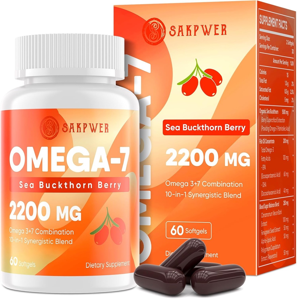Omega-7 Sea Buckthorn Oil - Omega-3 EPA/DHA Fish Oil, Cinnamomum, Fenugreek, ALA, Green Tea, Cayenne Pepper, Turmeric, Resveratrol, Black Pepper - Gluten-Free, 60 Softgels