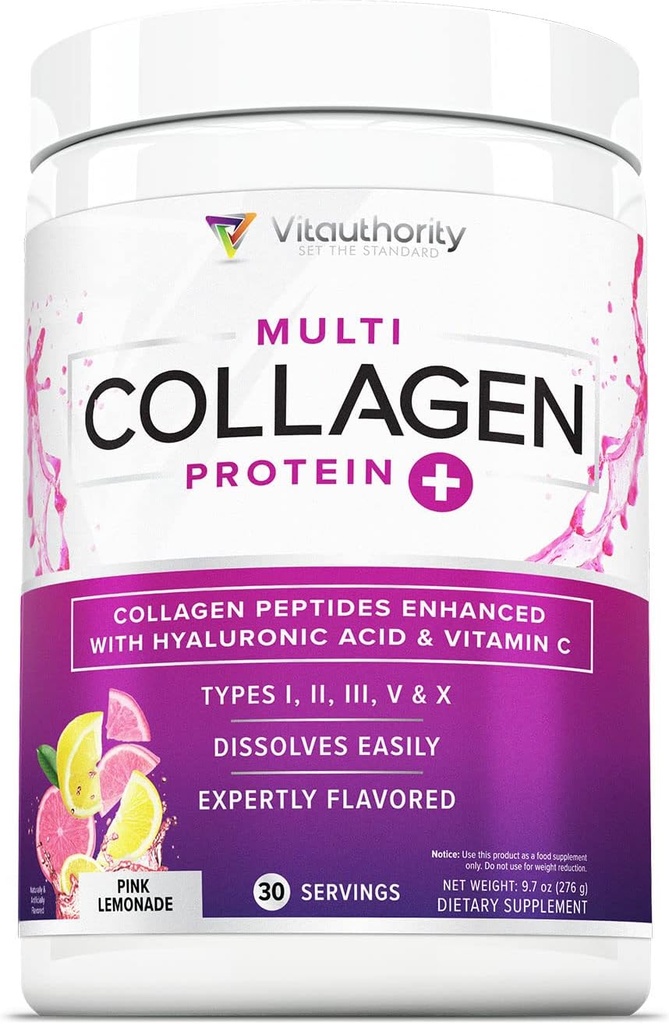 Kadınlar için Multi Collagen Hydro Toz - Hydrolyzed Flavored Collagen Toz for Women with Tip I II III V & X Vitamin C & Hyaluronic Acid for Hair Skin and Nails (Pink Lemonade) - 30 Servisler