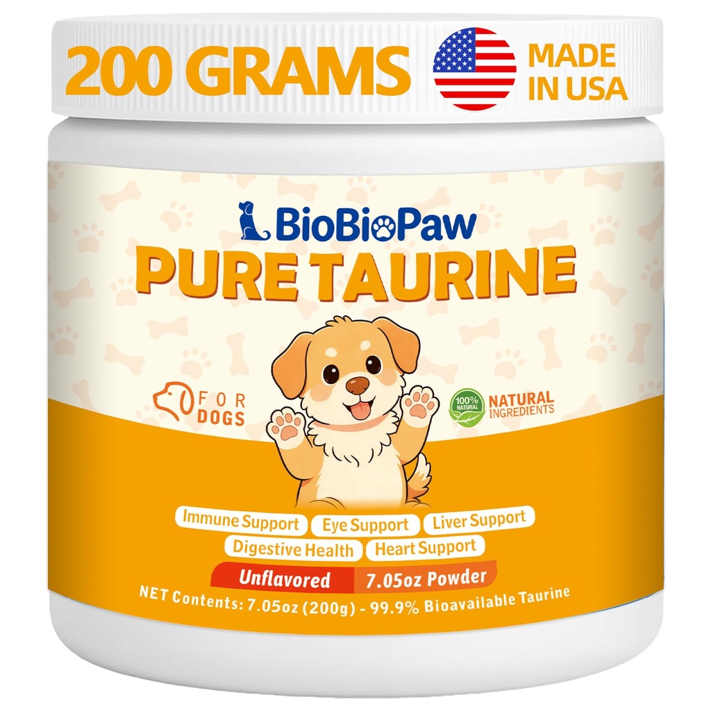 Pure Taurine for Dogs Taurine Powder Supplement for Pet Puppy 500mg Unflavored Easy-to-Mix Taurine Supplement for Doggy Supports Immune Heart Vision Skin & Coat Vitality Made in USA 200 Grams