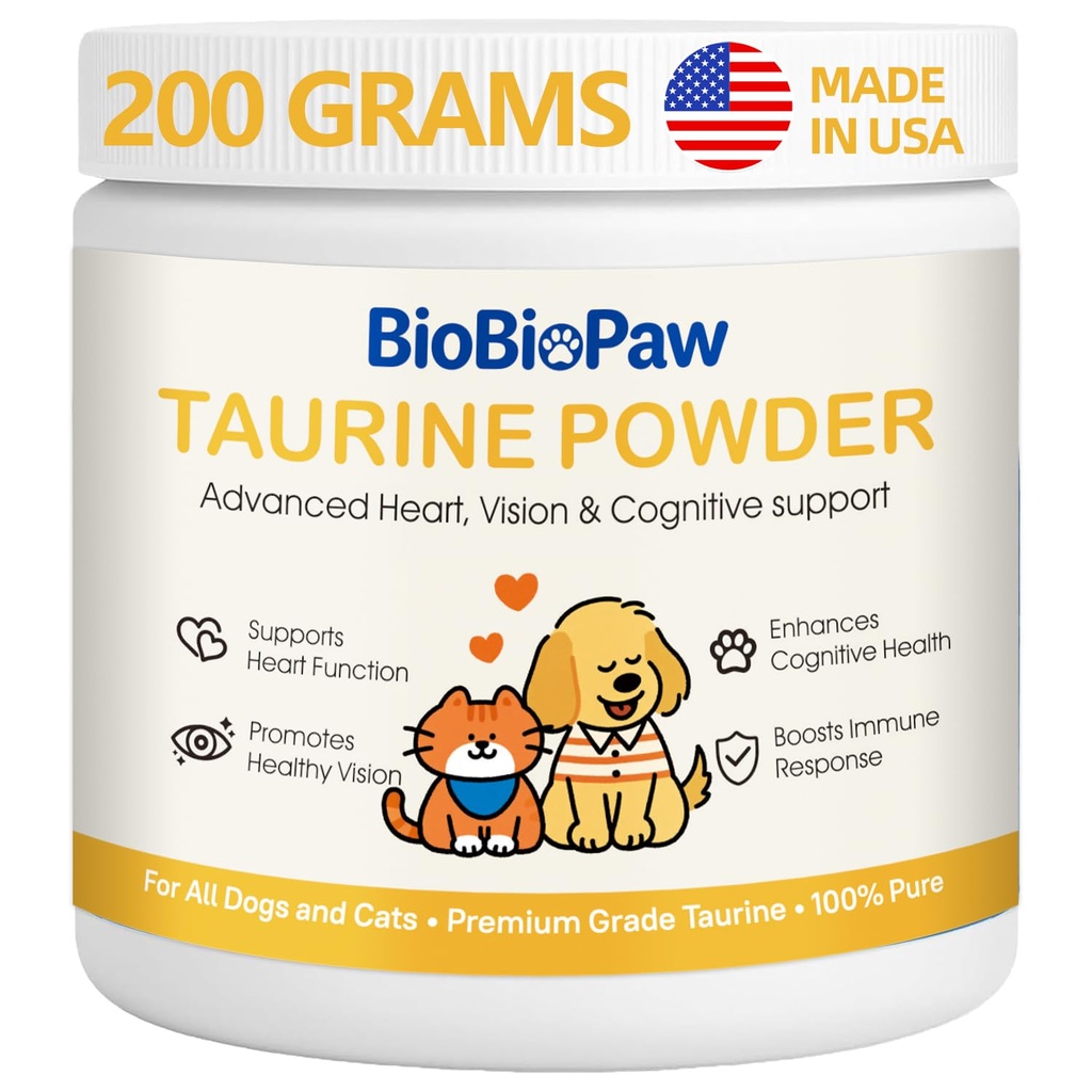 Pure Taurine for Dogs & Cats Taurine Powder Supplement for Pet Puppy Kitty 500mg Unflavored Easy-to-Mix Taurine Supplement for Doggy Supports Immune Heart Vision Skin Vitality Made in USA 200 Grams