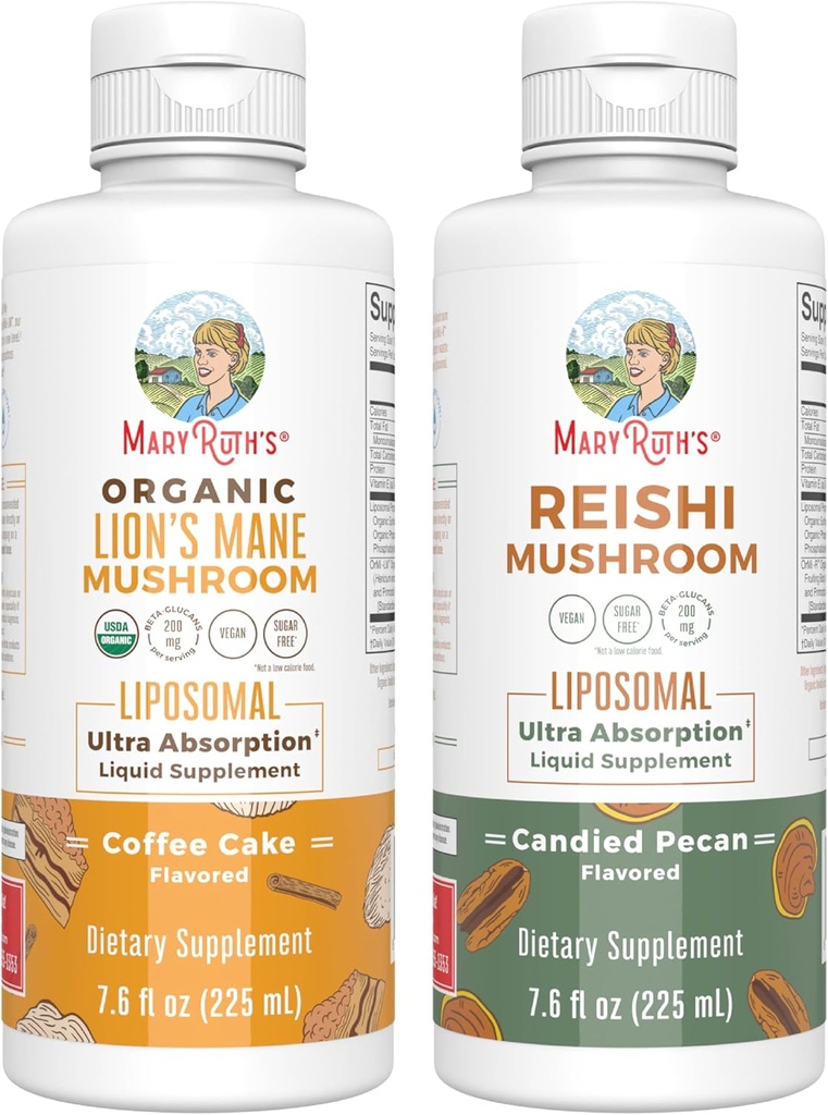 MaryRuth Organics Lion's Mane Liposomal (Coffee Kek) & Reishi Mushroom (Candied Pecan) | Temiz Etiket Projesi Doğrulanmış® | Bilişsel Destek için Vitaminler, Immunity, & General Health | Vegan, Non-GMO