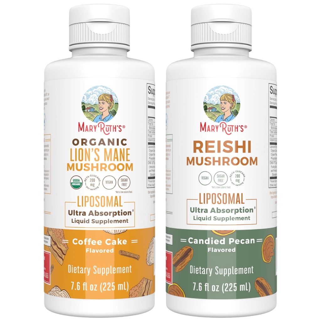 MaryRuth Organics Lion's Mane Liposomal (Coffee Kek) & Reishi Mushroom (Candied Pecan) | Temiz Etiket Projesi Doğrulanmış® | Bilişsel Destek için Vitaminler, Immunity, & General Health | Vegan, Non-GMO