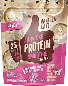 FlavCity Grass Fed Whey Protein Powder - Vanilla Latte - 25g πρωτεΐνη, 10g κολλαγόνο & 60mg καφεΐνη - Κατασκευασμένο με Real Vanilla Bean & Organic Coconut - Χωρίς γλουτένη & Χωρίς προστιθέμενα σάκχαρα (20 μερίδες)