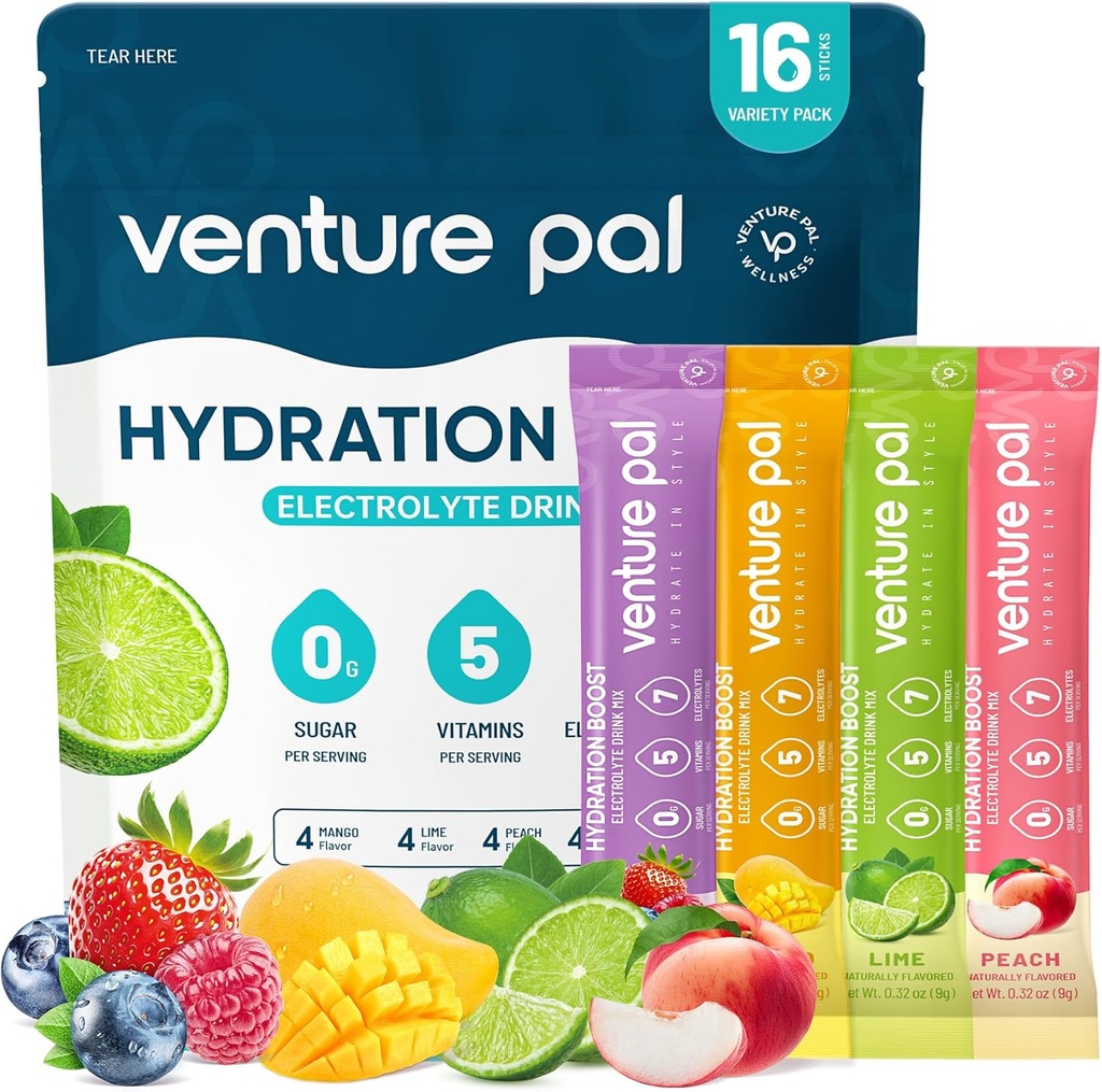 Venture Pal Sugar Free Electrolyte Toz Paketleri - Sıvı Günlük IV Hydration Packets | Elektrolytes 5 Vitamin ve 7 Electrolytes | Hua Friendly | Non-GMO | sertifikalı Vegan | 16 Sticks