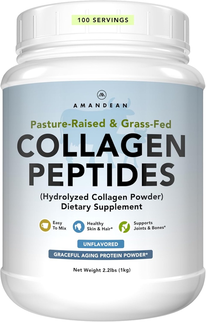 AMANDEAN Collagen Peptides σε σκόνη 1kg. Grass-Fed, Enzymatically Hydrolyzed, Type 1 & 3. Συγκροτημένο, εύκολο να αναμιχθεί, άγευστο, μη ΓΤΟ. Πρωτεΐνη με 18 Αμινοξέα για Υγιή Δέρμα, Μαλλιά, Νύχια.