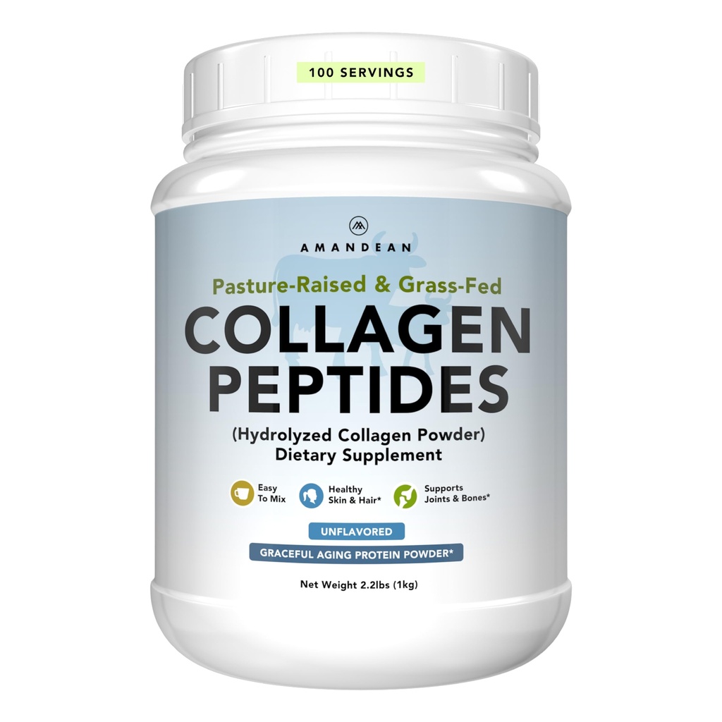 AMANDEAN Collagen Peptides σε σκόνη 1kg. Grass-Fed, Enzymatically Hydrolyzed, Type 1 & 3. Συγκροτημένο, εύκολο να αναμιχθεί, άγευστο, μη ΓΤΟ. Πρωτεΐνη με 18 Αμινοξέα για Υγιή Δέρμα, Μαλλιά, Νύχια.