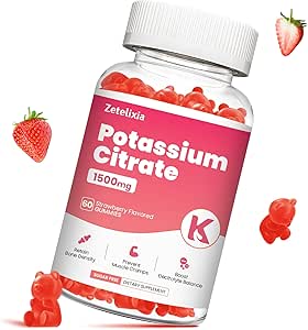 Yetişkinler Kadınlar ve Erkekler için Potasyum Gummies, Potasyum Citrate Supplement, Support Leg Cramps, Muscle Health & Electrolyte Balance, Sugar Free, Vegan, Strawberry, 60 Cts