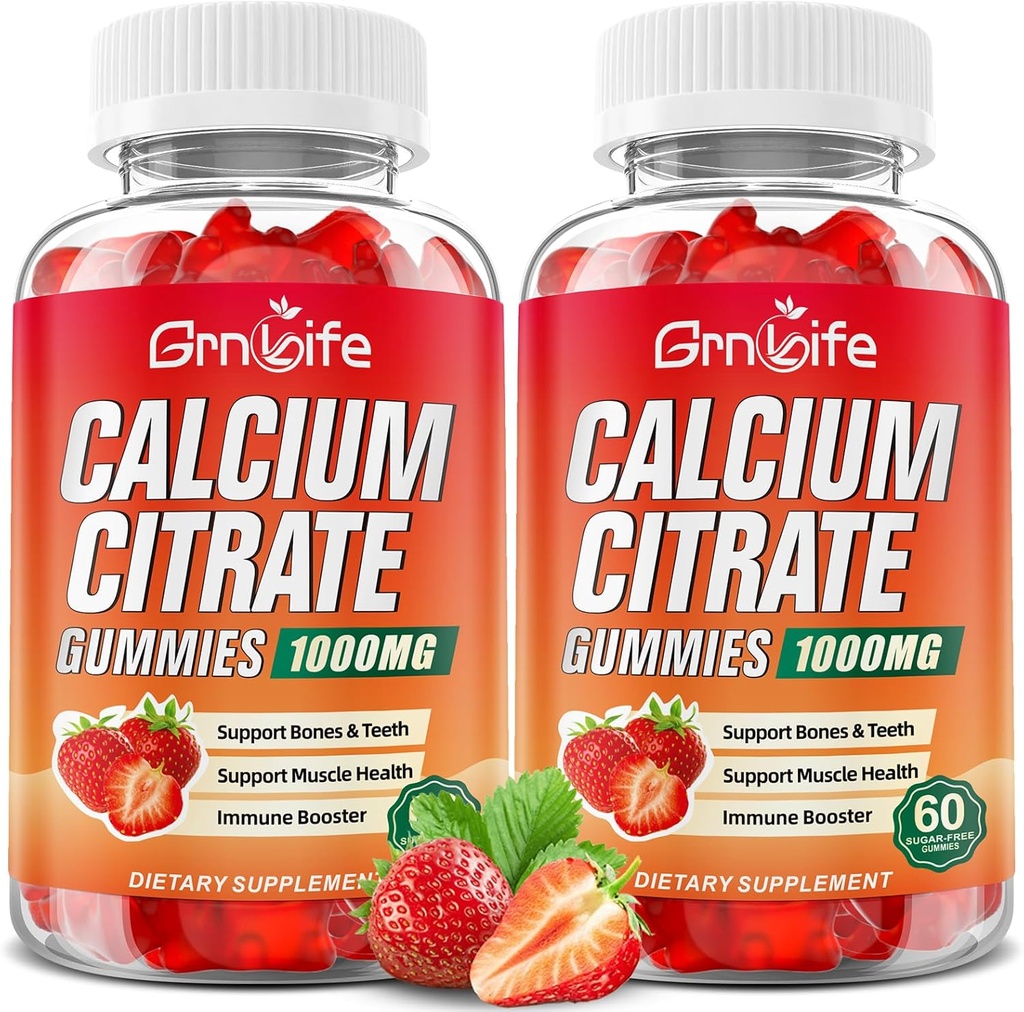 2 Συσκευασία Ασβέστιο Κιτρικό Gummies, Χωρίς ζάχαρη Κιτρικό Ασβέστιο 1000mg για τους μυς υγιή, Απορρόφηση Συμπληρώματα ασβεστίου για ενήλικες & παιδιά, Φράουλα, 120 Count