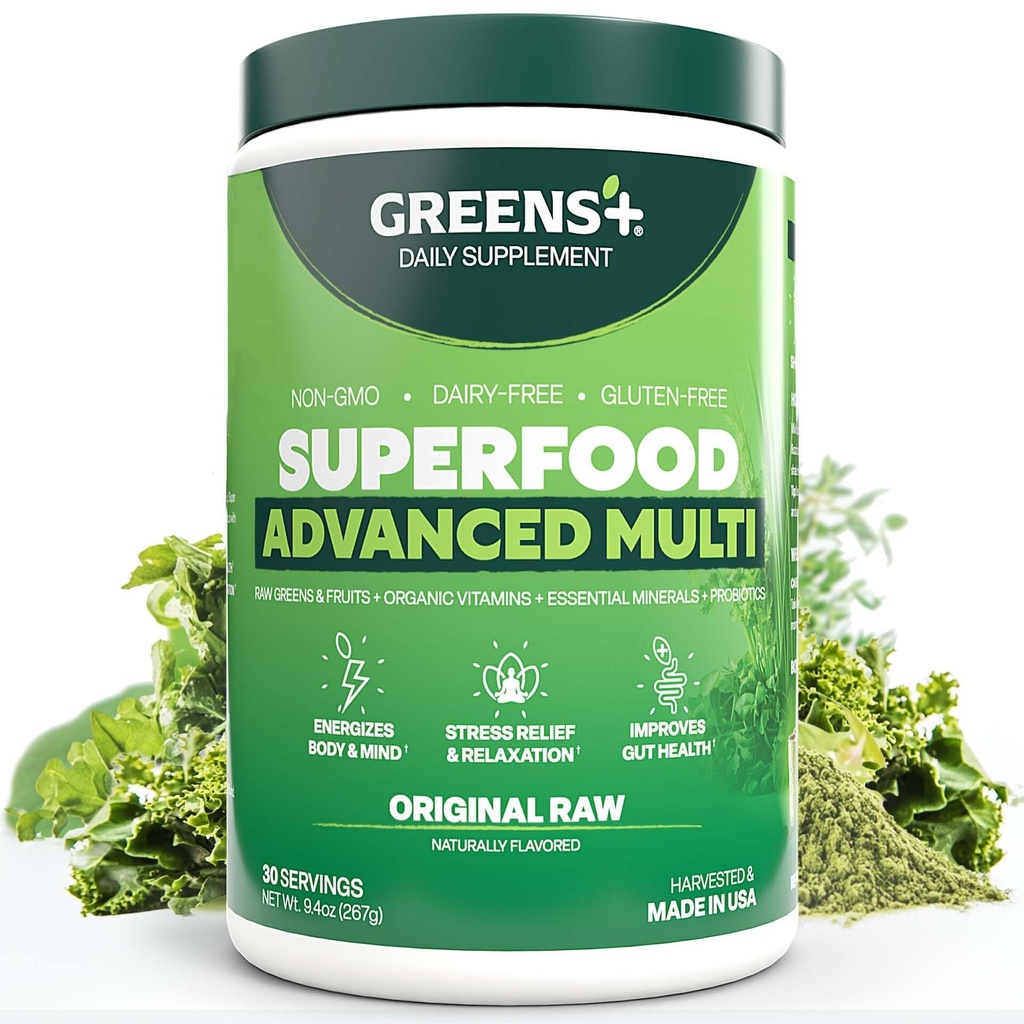 Yeşiller+ Gelişmiş Multi Raw Superfood | Temel Raw Gıdaları, Süper Meyveler ve Deniz Sebze Sebzeleri Toz | Vegan | Diyet Tamam | GMO, Soy Süt & Gluten-Free | 9.4oz