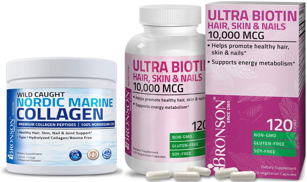 Bronson Marine Collagen Hydro Hydrolyzed Protein Toz + Ultra Biotin 10.000 Mcg Hair Skin ve Nails Supplement