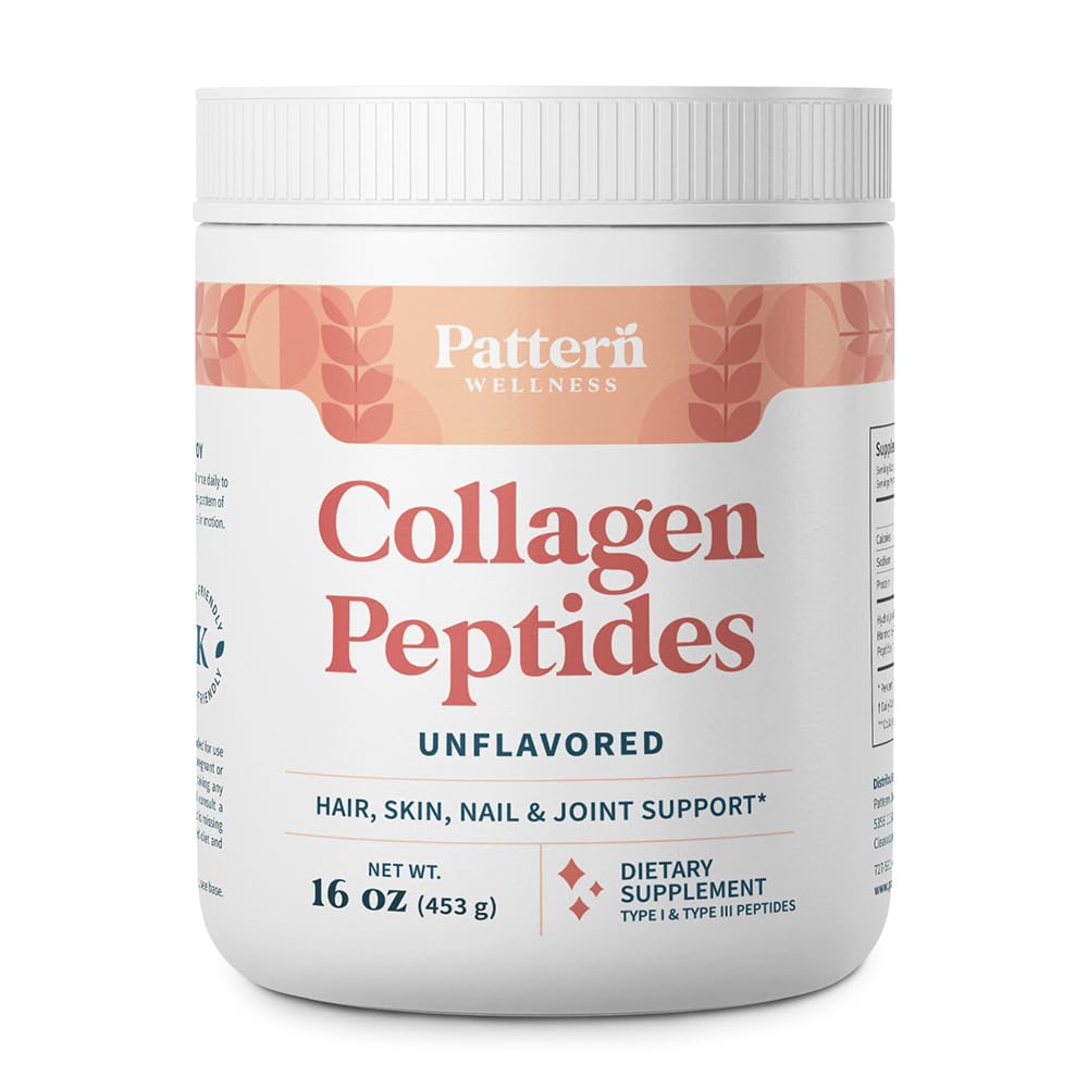 Pattern Wellness Collagen Peptides Powder (Type I & III) - Hair, Nails, Skin and Joint Health - Grass Fed & Pasture Μεγαλωμένο - Hydrolyzed Collagen, Non-GMO, Dairy Free, & Keto - Χωρίς γεύση (16 Oz)